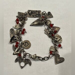 Sterling Silver and Red stones and Hearts Charm Bracelet- Studio